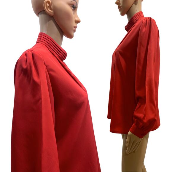 Vintage 70s Red High Collar Secretary Blouse with Pleats | M/L - Picture 6 of 8